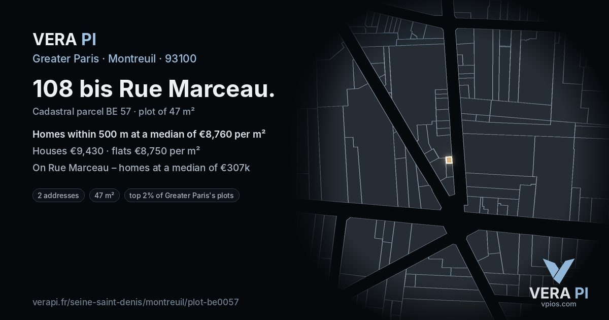 108 bis Rue Marceau, Montreuil at night – the plot lit, the parcels around coloured by the prices near them