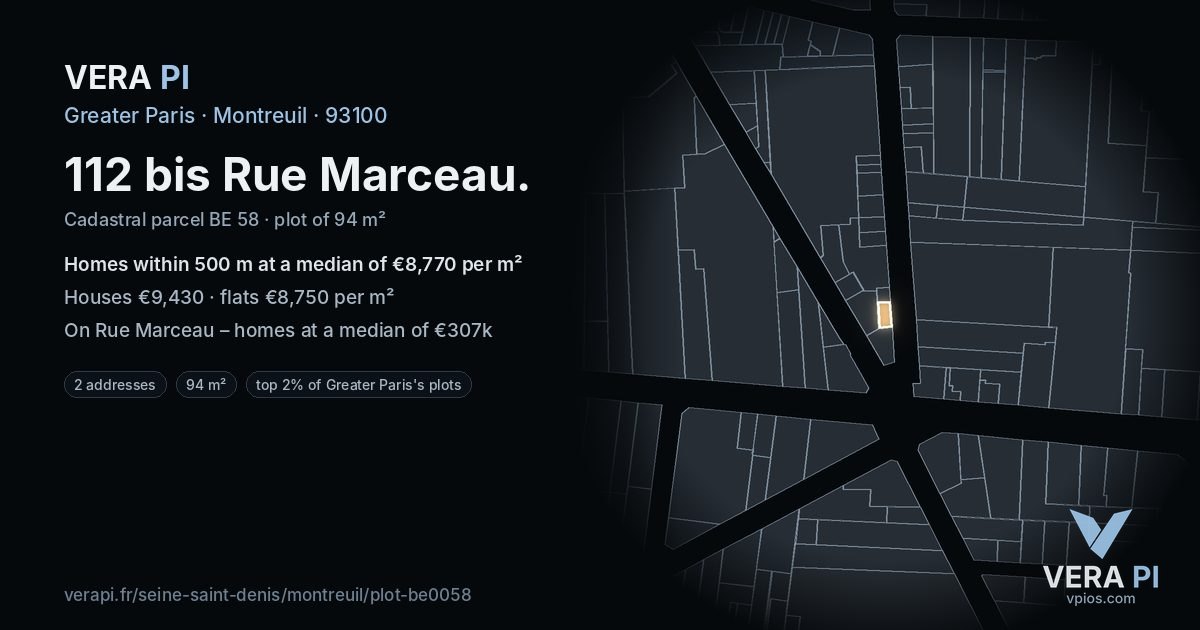 112 bis Rue Marceau, Montreuil at night – the plot lit, the parcels around coloured by the prices near them