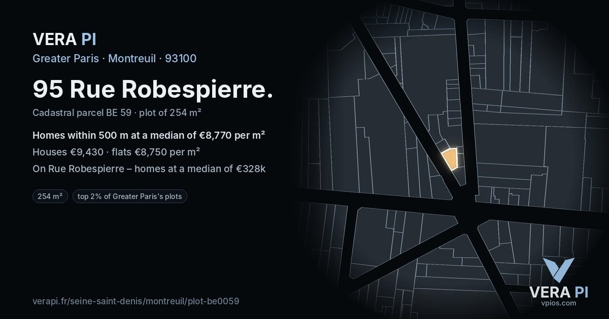 95 Rue Robespierre, Montreuil at night – the plot lit, the parcels around coloured by the prices near them