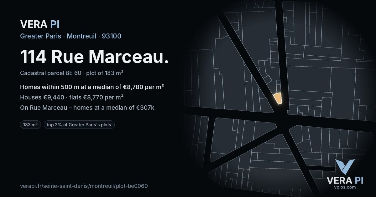 114 Rue Marceau, Montreuil at night – the plot lit, the parcels around coloured by the prices near them