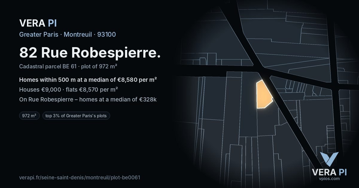 82 Rue Robespierre, Montreuil at night – the plot lit, the parcels around coloured by the prices near them