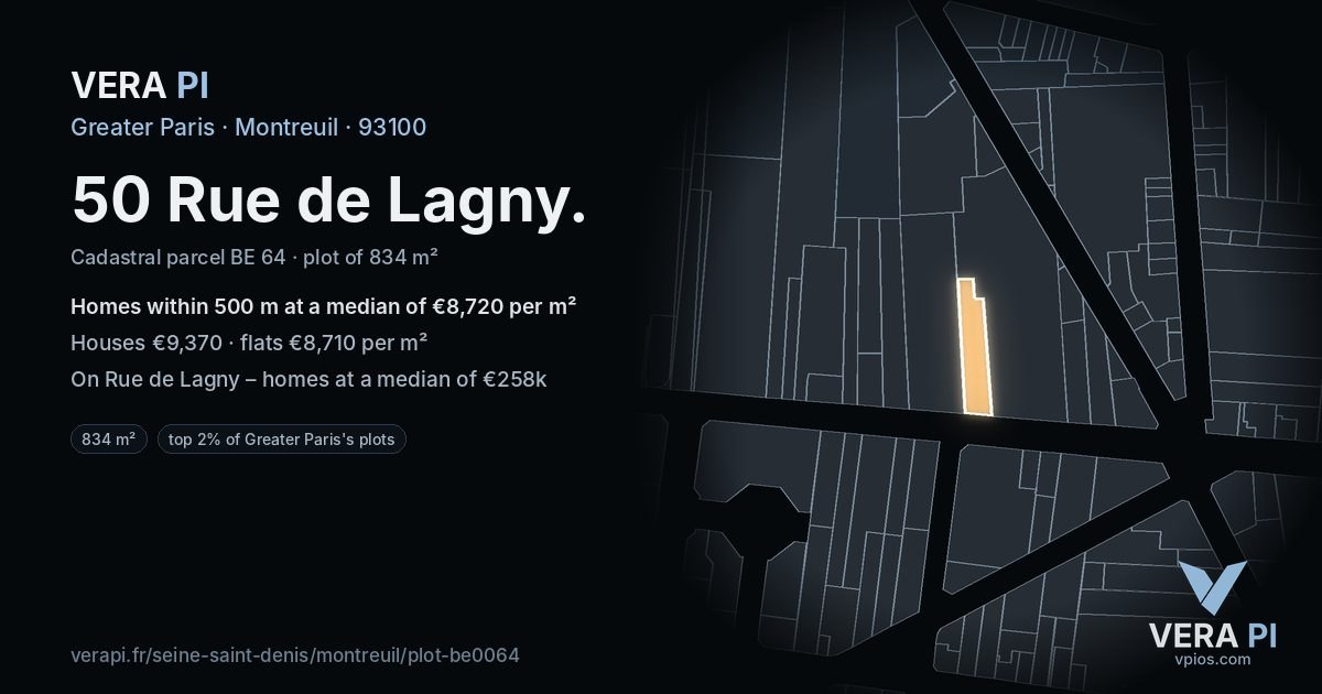50 Rue de Lagny, Montreuil at night – the plot lit, the parcels around coloured by the prices near them