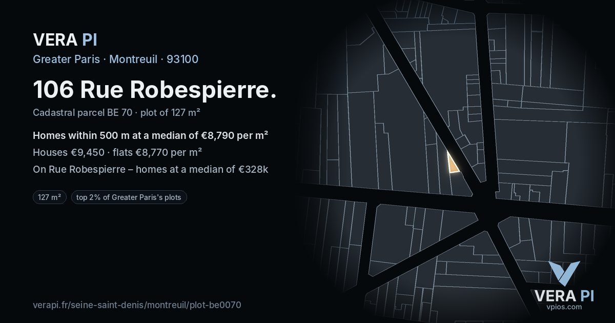106 Rue Robespierre, Montreuil at night – the plot lit, the parcels around coloured by the prices near them
