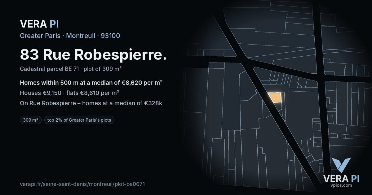 83 Rue Robespierre, Montreuil at night – the plot lit, the parcels around coloured by the prices near them