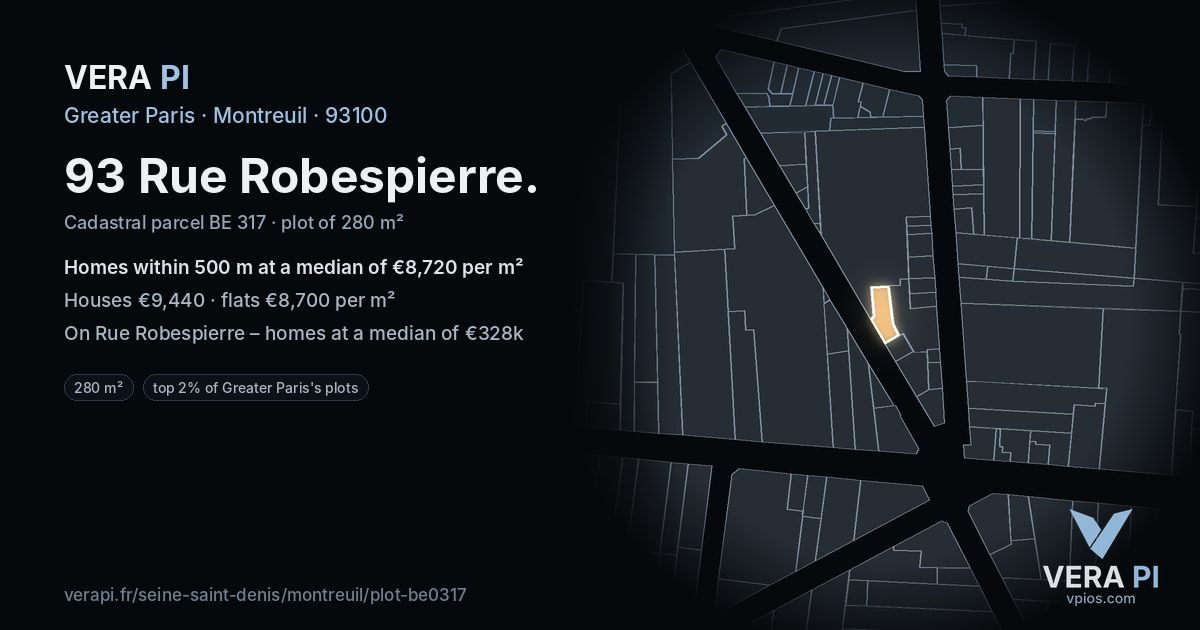 93 Rue Robespierre, Montreuil at night – the plot lit, the parcels around coloured by the prices near them