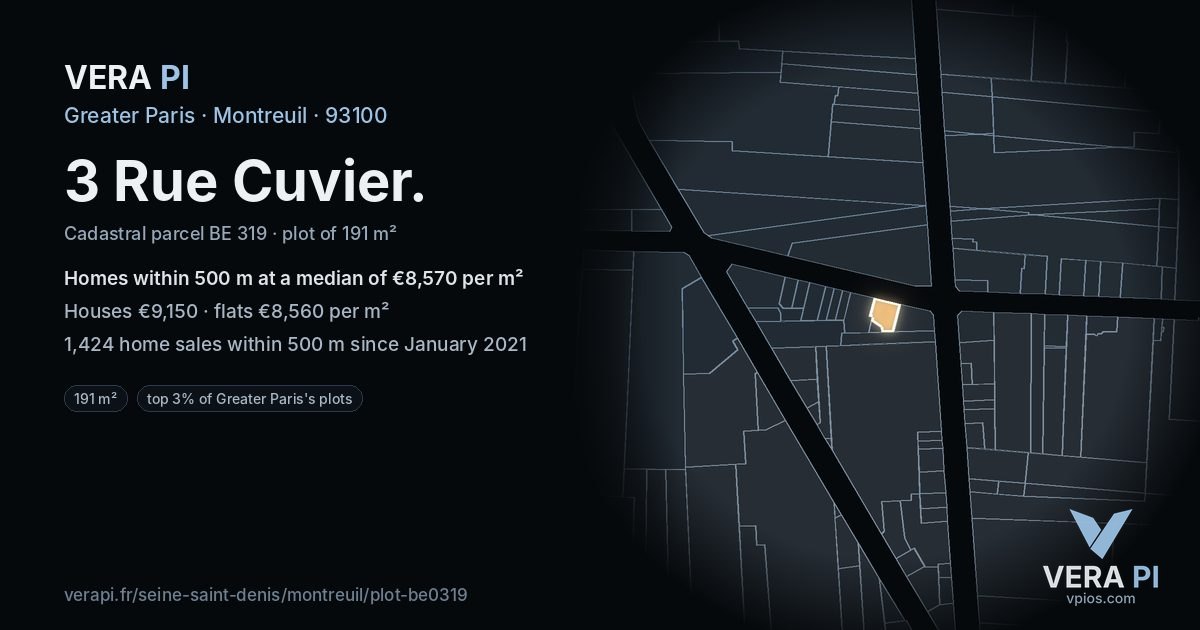 3 Rue Cuvier, Montreuil at night – the plot lit, the parcels around coloured by the prices near them