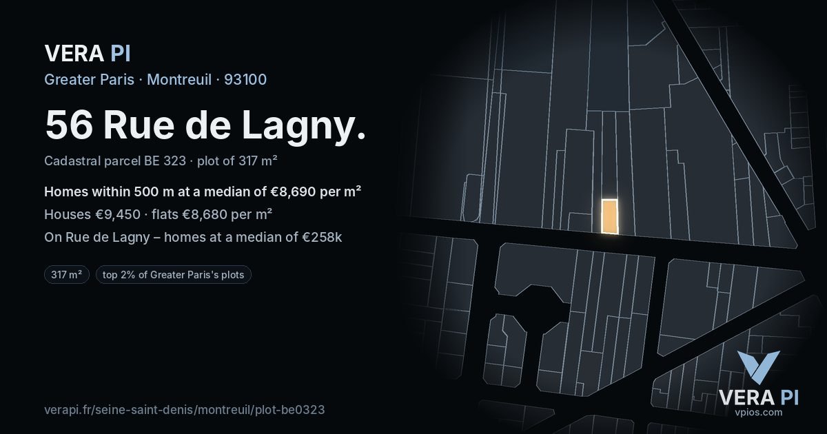 56 Rue de Lagny, Montreuil at night – the plot lit, the parcels around coloured by the prices near them