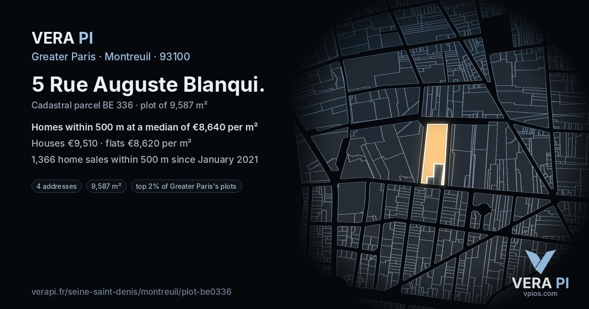5 Rue Auguste Blanqui, Montreuil at night – the plot lit, the parcels around coloured by the prices near them
