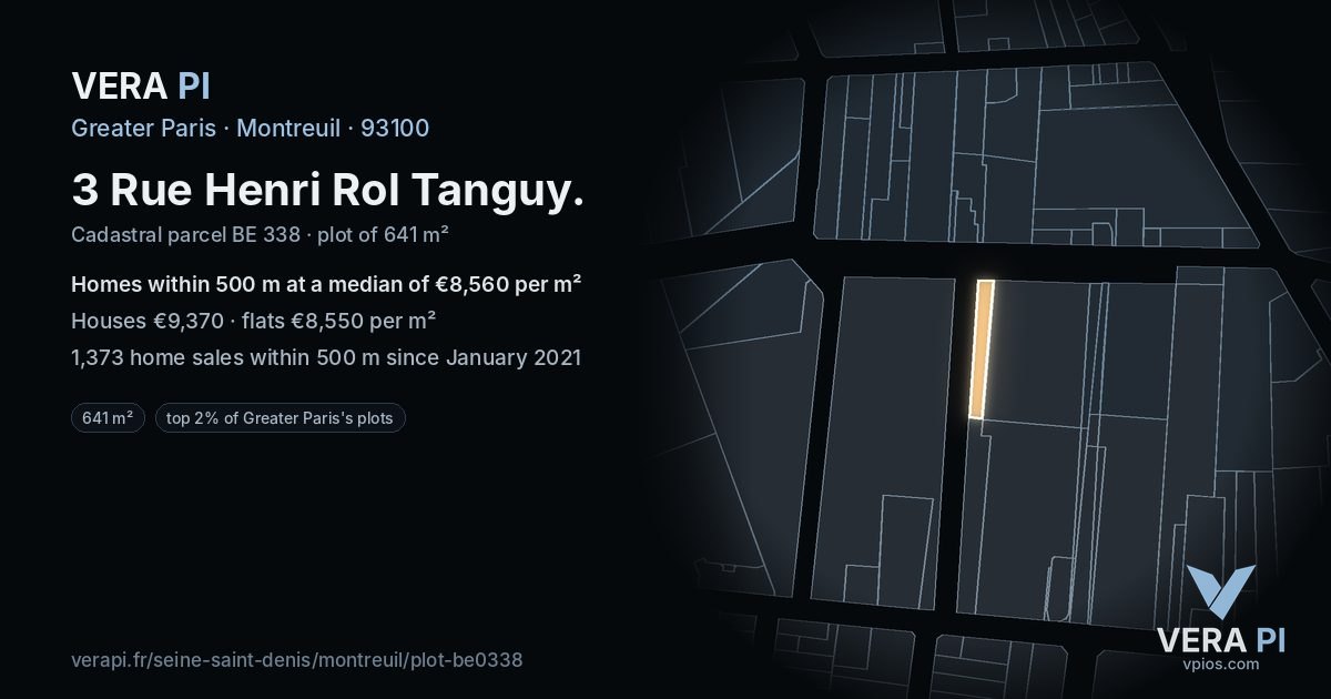 3 Rue Henri Rol Tanguy, Montreuil at night – the plot lit, the parcels around coloured by the prices near them
