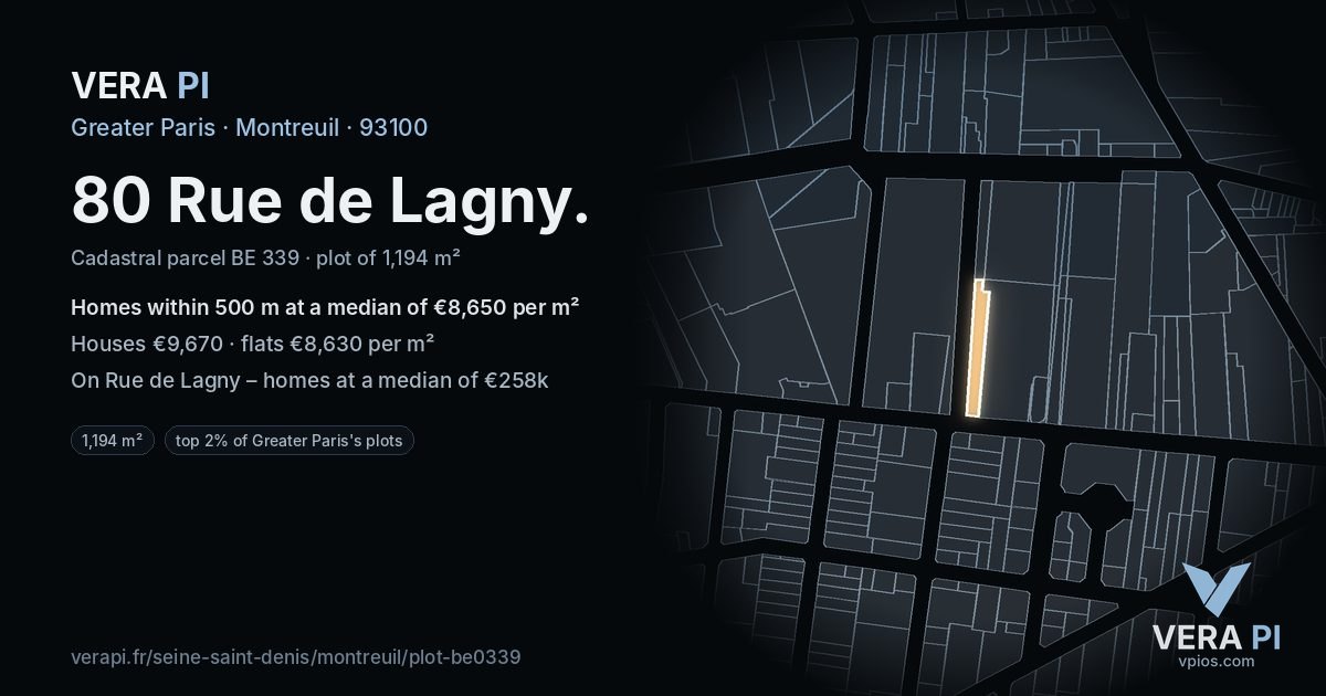 80 Rue de Lagny, Montreuil at night – the plot lit, the parcels around coloured by the prices near them