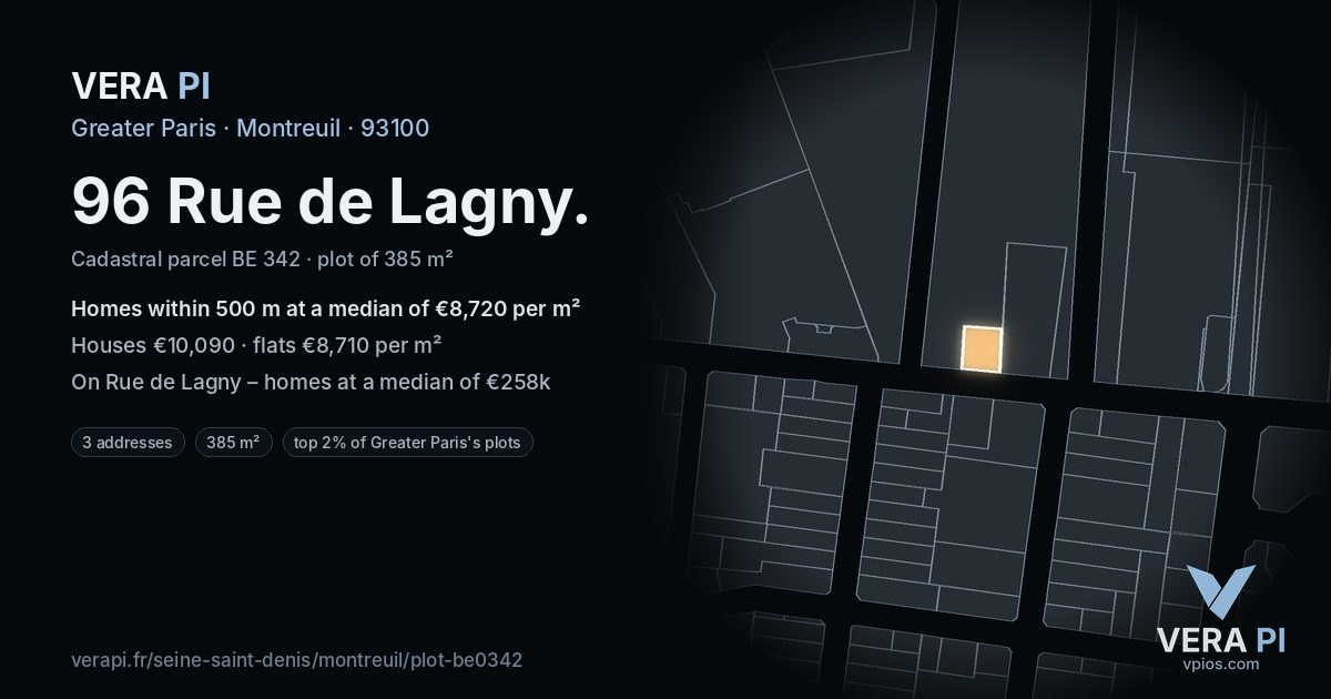 96 Rue de Lagny, Montreuil at night – the plot lit, the parcels around coloured by the prices near them