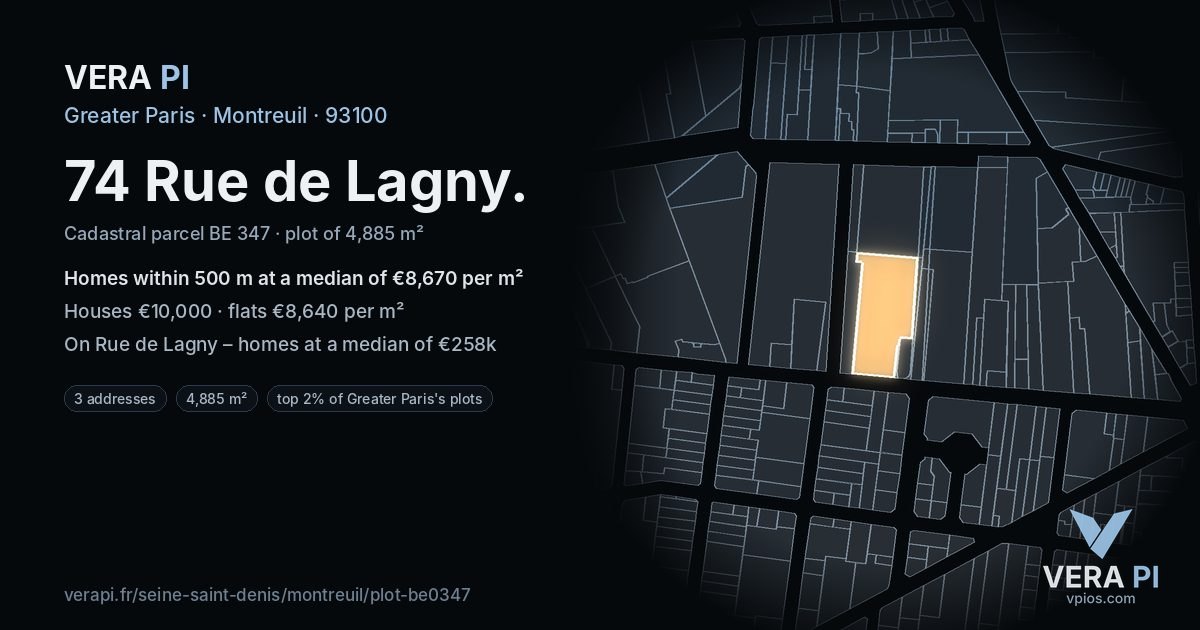 74 Rue de Lagny, Montreuil at night – the plot lit, the parcels around coloured by the prices near them