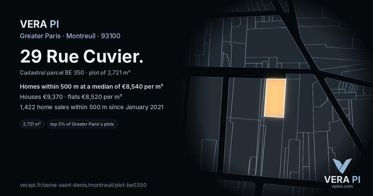 29 Rue Cuvier, Montreuil at night – the plot lit, the parcels around coloured by the prices near them