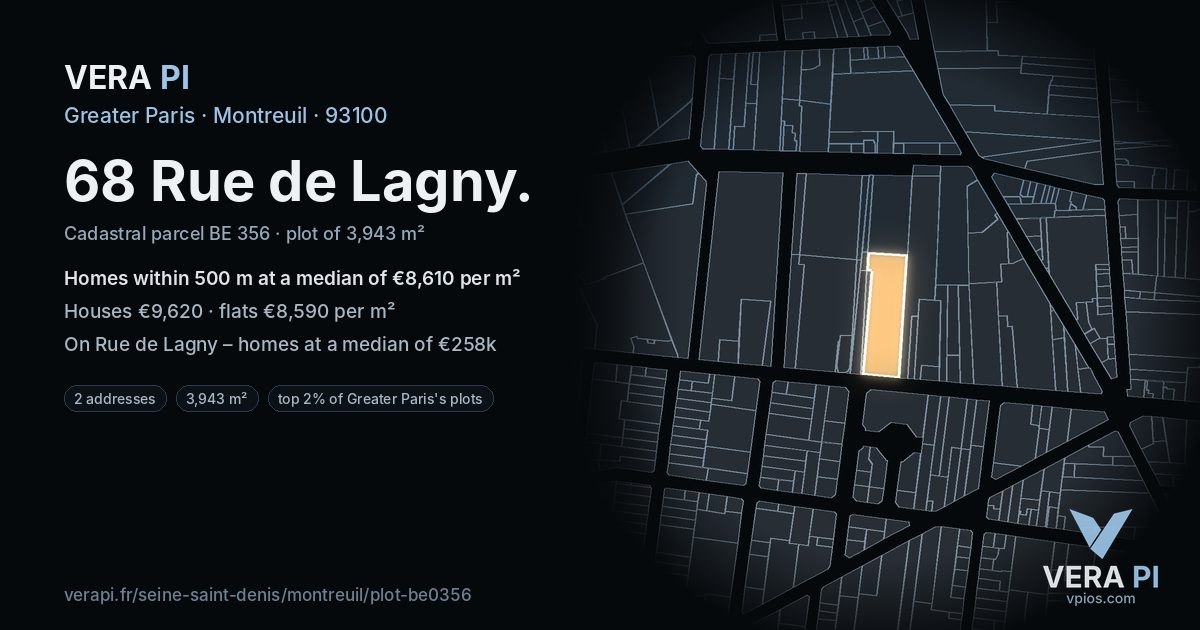 68 Rue de Lagny, Montreuil at night – the plot lit, the parcels around coloured by the prices near them