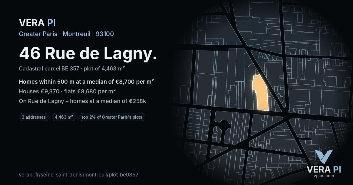 46 Rue de Lagny, Montreuil at night – the plot lit, the parcels around coloured by the prices near them