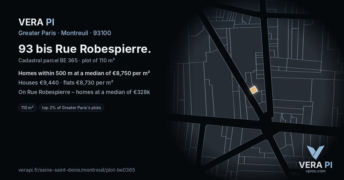 93 bis Rue Robespierre, Montreuil at night – the plot lit, the parcels around coloured by the prices near them