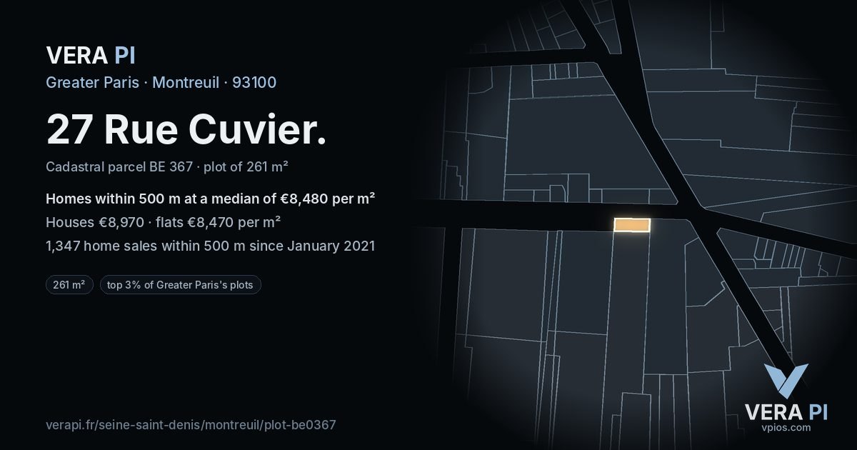27 Rue Cuvier, Montreuil at night – the plot lit, the parcels around coloured by the prices near them