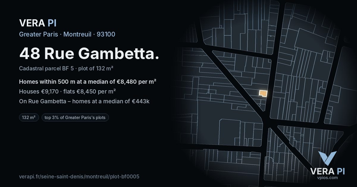 48 Rue Gambetta, Montreuil at night – the plot lit, the parcels around coloured by the prices near them