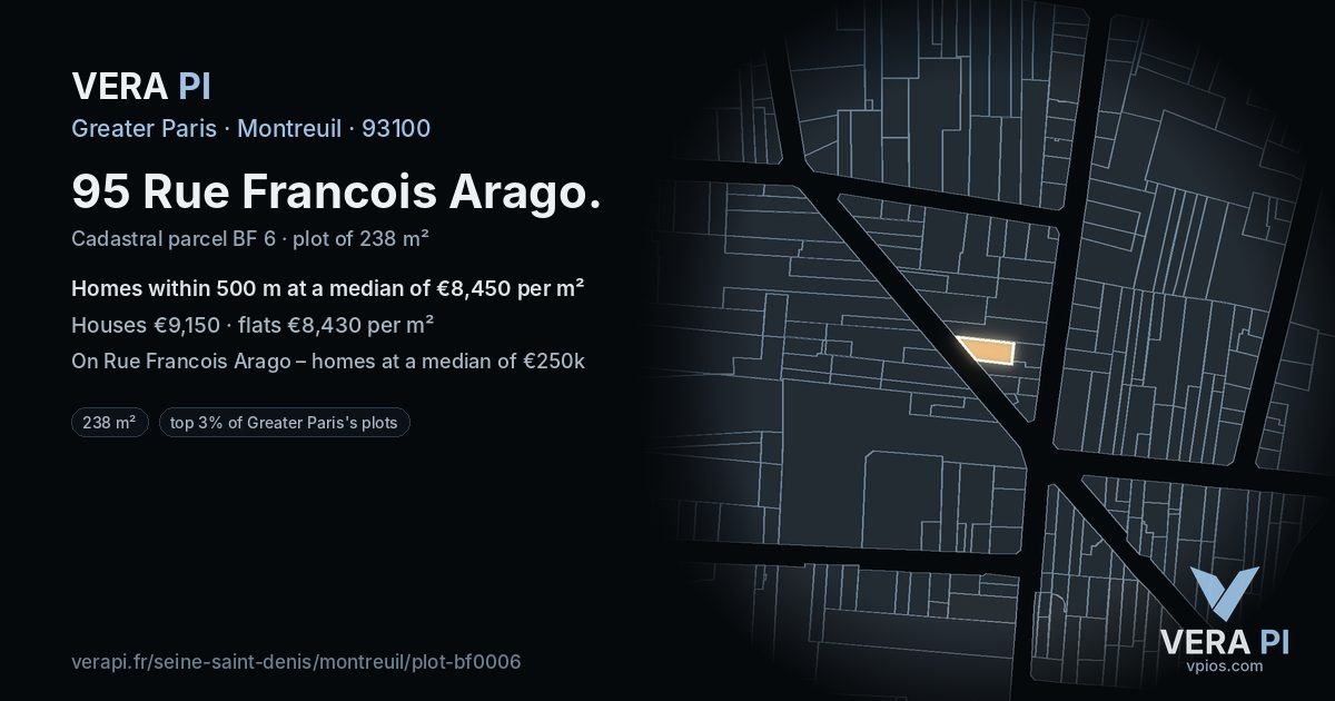 95 Rue Francois Arago, Montreuil at night – the plot lit, the parcels around coloured by the prices near them