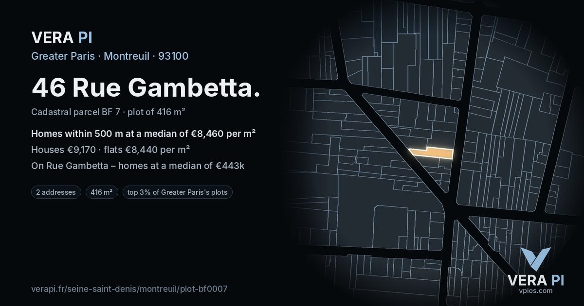 46 Rue Gambetta, Montreuil at night – the plot lit, the parcels around coloured by the prices near them
