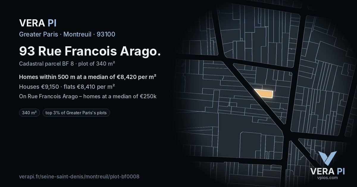 93 Rue Francois Arago, Montreuil at night – the plot lit, the parcels around coloured by the prices near them