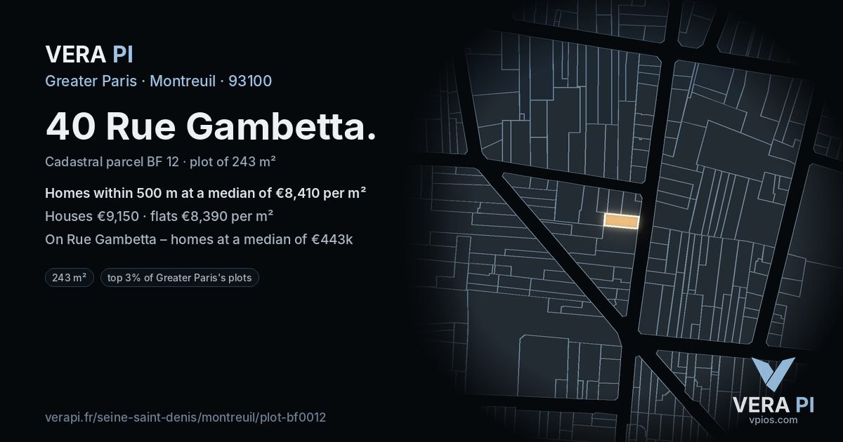 40 Rue Gambetta, Montreuil at night – the plot lit, the parcels around coloured by the prices near them
