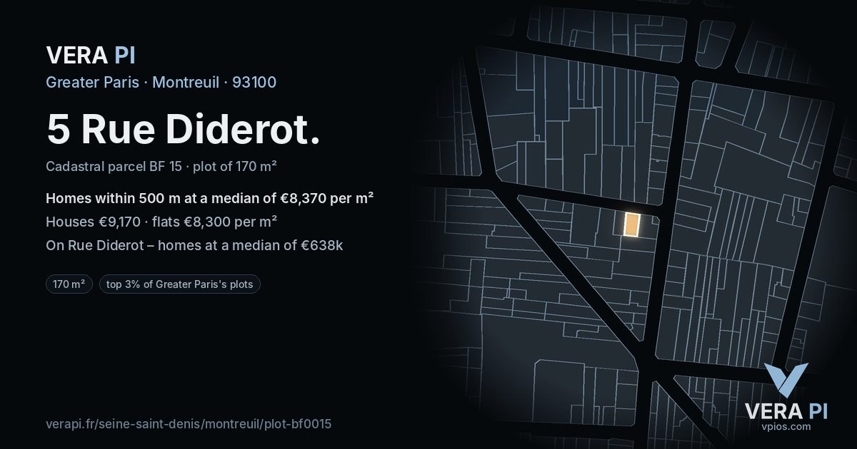 5 Rue Diderot, Montreuil at night – the plot lit, the parcels around coloured by the prices near them