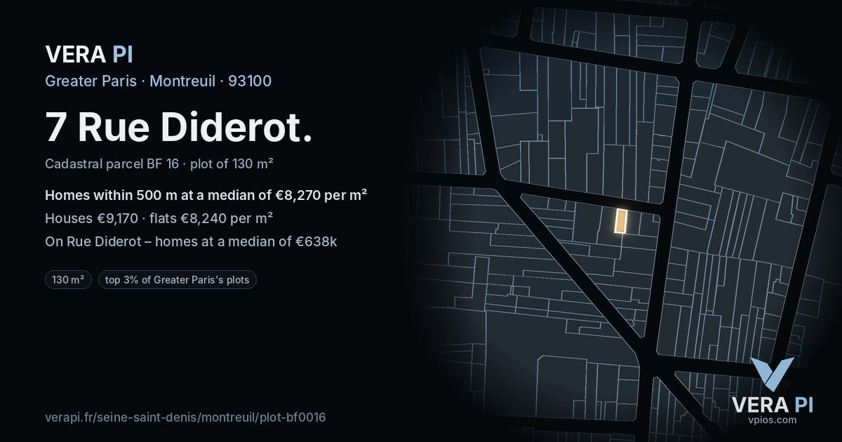 7 Rue Diderot, Montreuil at night – the plot lit, the parcels around coloured by the prices near them