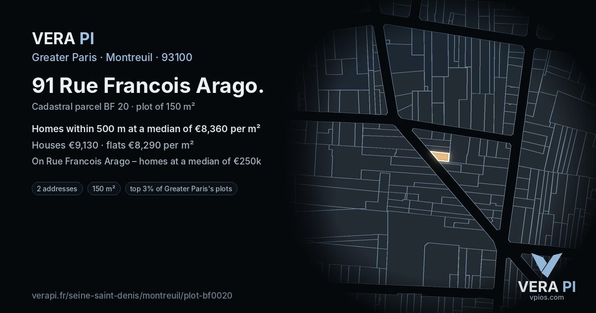 91 Rue Francois Arago, Montreuil at night – the plot lit, the parcels around coloured by the prices near them