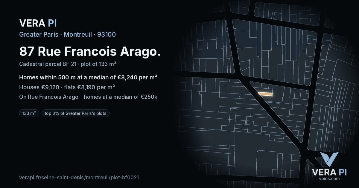 87 Rue Francois Arago, Montreuil at night – the plot lit, the parcels around coloured by the prices near them