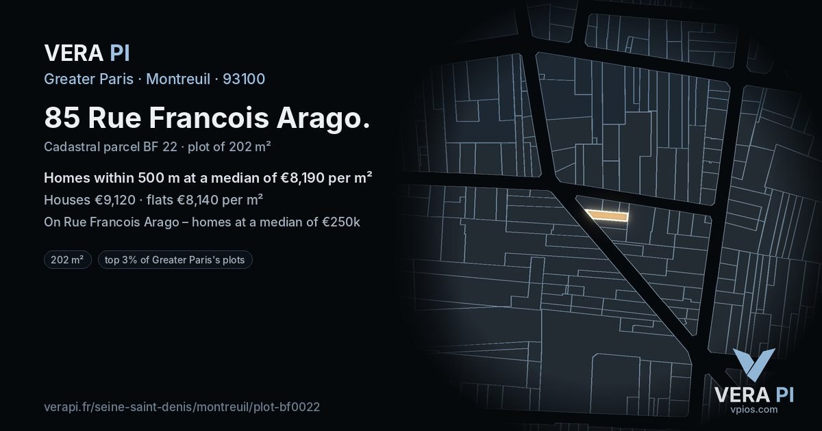 85 Rue Francois Arago, Montreuil at night – the plot lit, the parcels around coloured by the prices near them