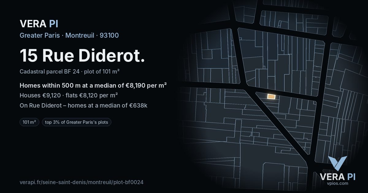 15 Rue Diderot, Montreuil at night – the plot lit, the parcels around coloured by the prices near them