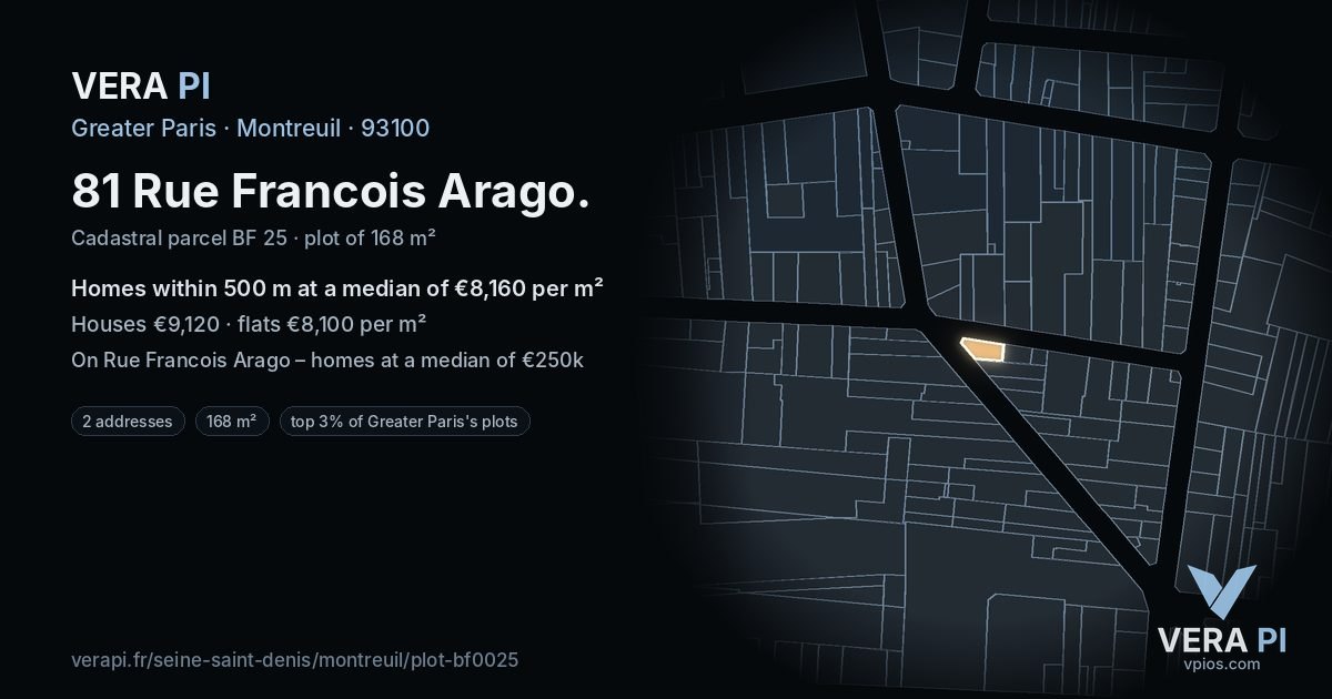 81 Rue Francois Arago, Montreuil at night – the plot lit, the parcels around coloured by the prices near them