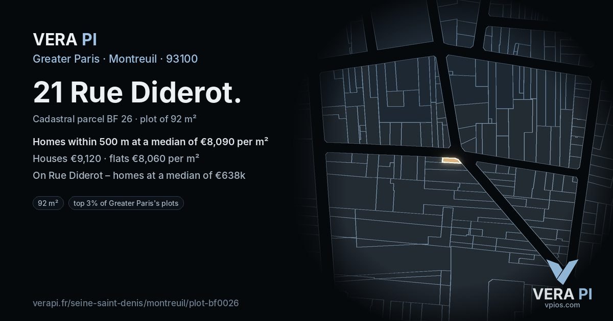 21 Rue Diderot, Montreuil at night – the plot lit, the parcels around coloured by the prices near them