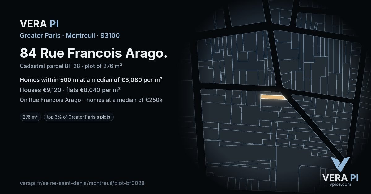84 Rue Francois Arago, Montreuil at night – the plot lit, the parcels around coloured by the prices near them