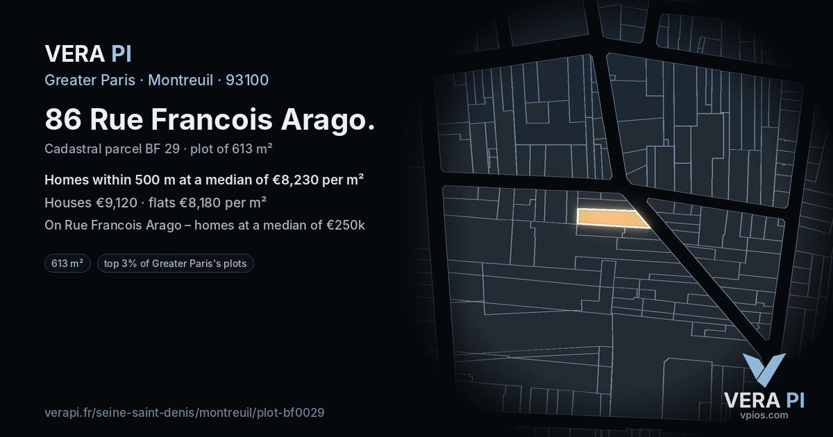 86 Rue Francois Arago, Montreuil at night – the plot lit, the parcels around coloured by the prices near them