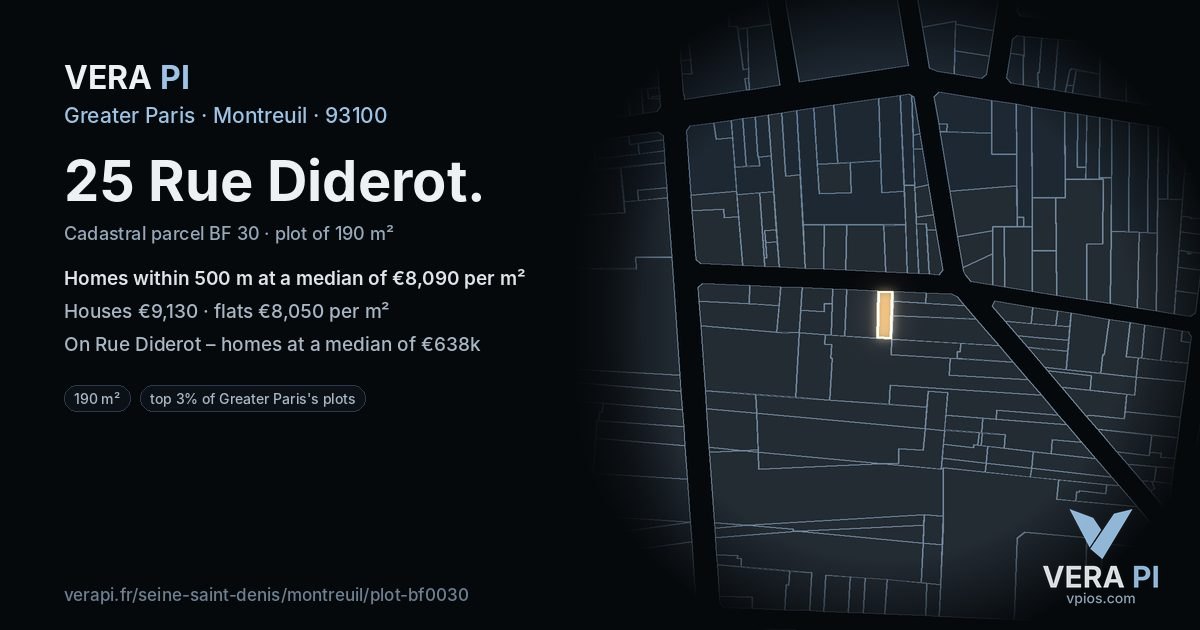 25 Rue Diderot, Montreuil at night – the plot lit, the parcels around coloured by the prices near them