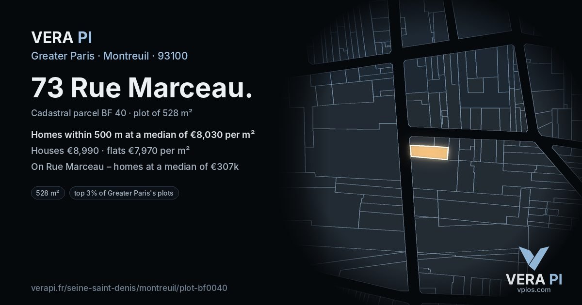 73 Rue Marceau, Montreuil at night – the plot lit, the parcels around coloured by the prices near them