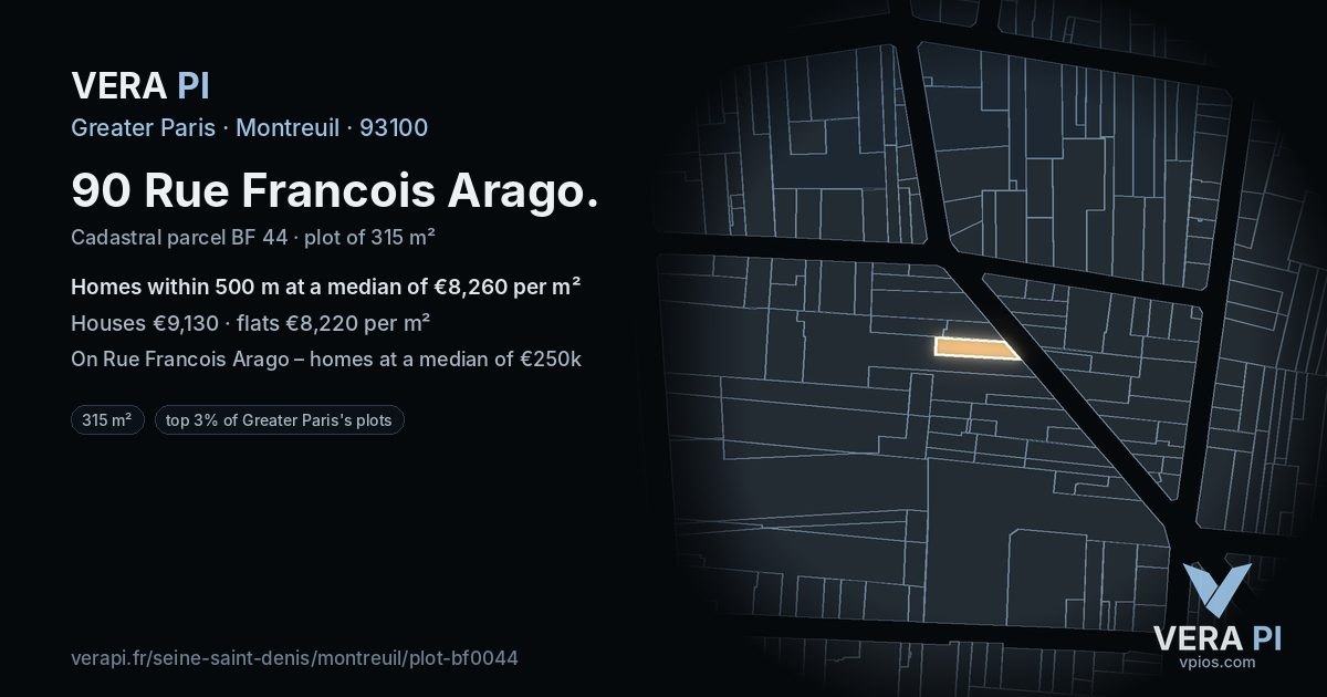 90 Rue Francois Arago, Montreuil at night – the plot lit, the parcels around coloured by the prices near them