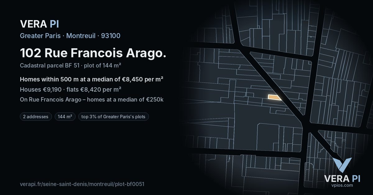102 Rue Francois Arago, Montreuil at night – the plot lit, the parcels around coloured by the prices near them