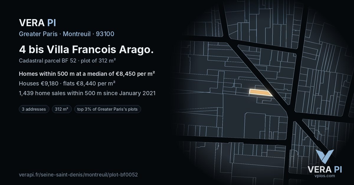 4 bis Villa Francois Arago, Montreuil at night – the plot lit, the parcels around coloured by the prices near them