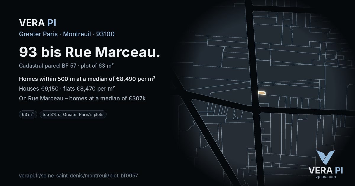 93 bis Rue Marceau, Montreuil at night – the plot lit, the parcels around coloured by the prices near them