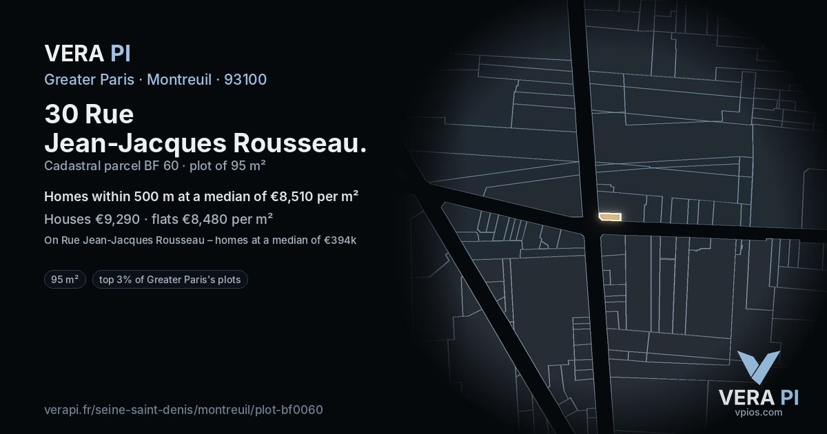 30 Rue Jean-Jacques Rousseau, Montreuil at night – the plot lit, the parcels around coloured by the prices near them