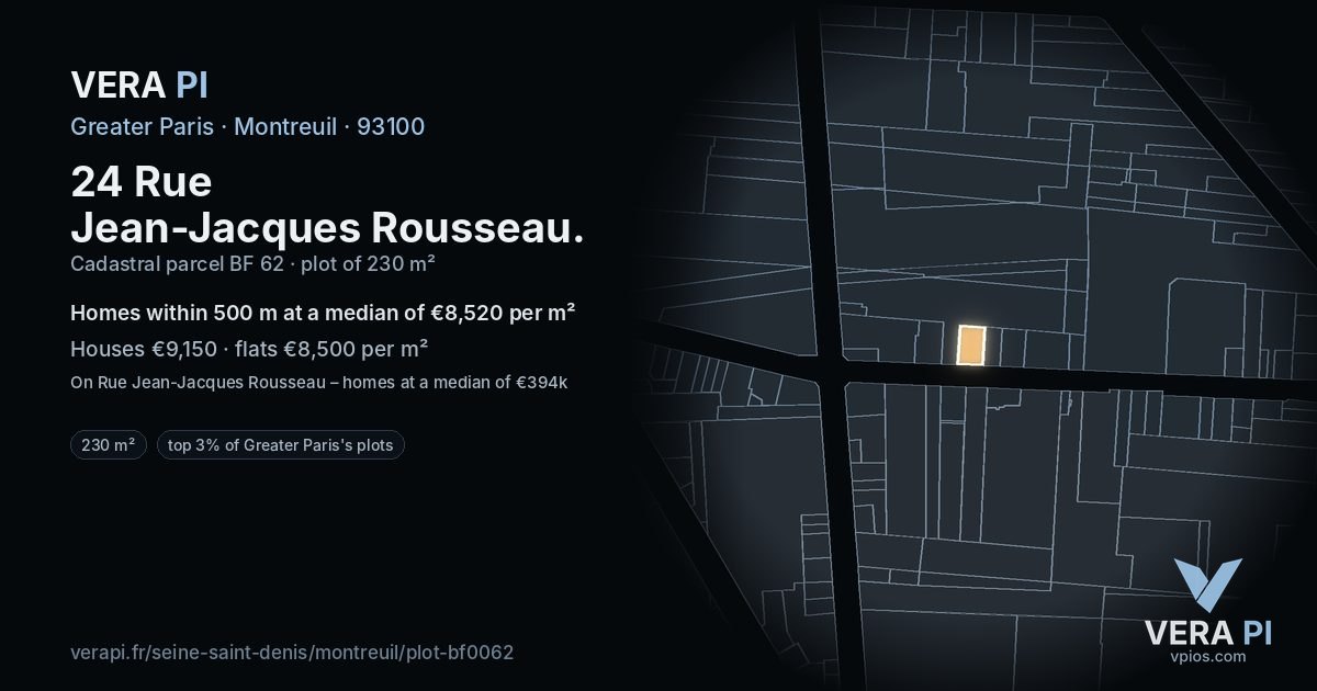 24 Rue Jean-Jacques Rousseau, Montreuil at night – the plot lit, the parcels around coloured by the prices near them