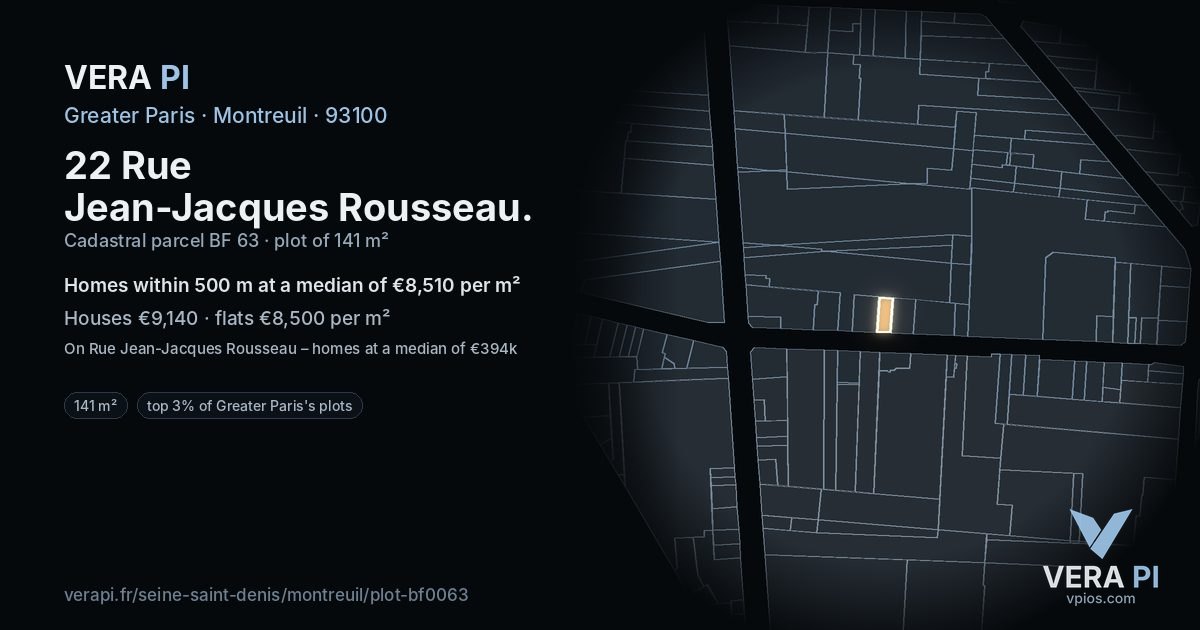 22 Rue Jean-Jacques Rousseau, Montreuil at night – the plot lit, the parcels around coloured by the prices near them