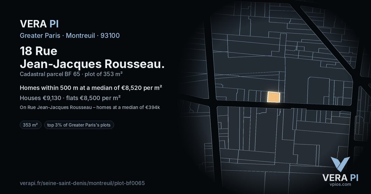 18 Rue Jean-Jacques Rousseau, Montreuil at night – the plot lit, the parcels around coloured by the prices near them
