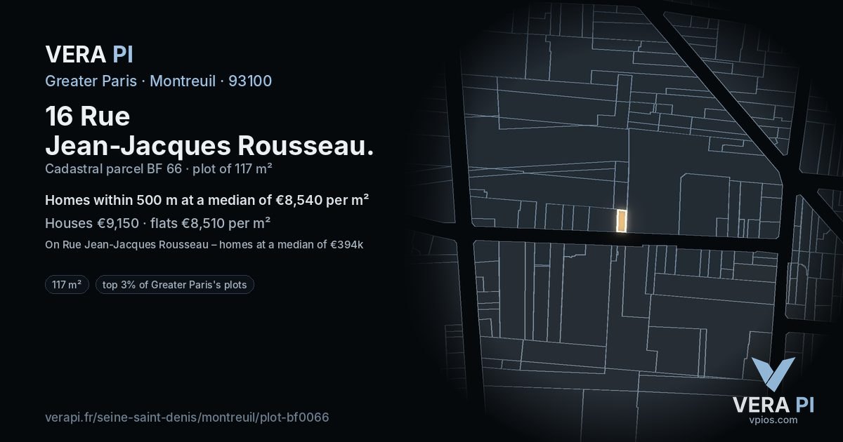 16 Rue Jean-Jacques Rousseau, Montreuil at night – the plot lit, the parcels around coloured by the prices near them