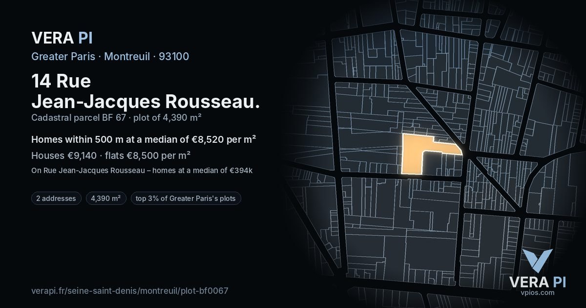 14 Rue Jean-Jacques Rousseau, Montreuil at night – the plot lit, the parcels around coloured by the prices near them