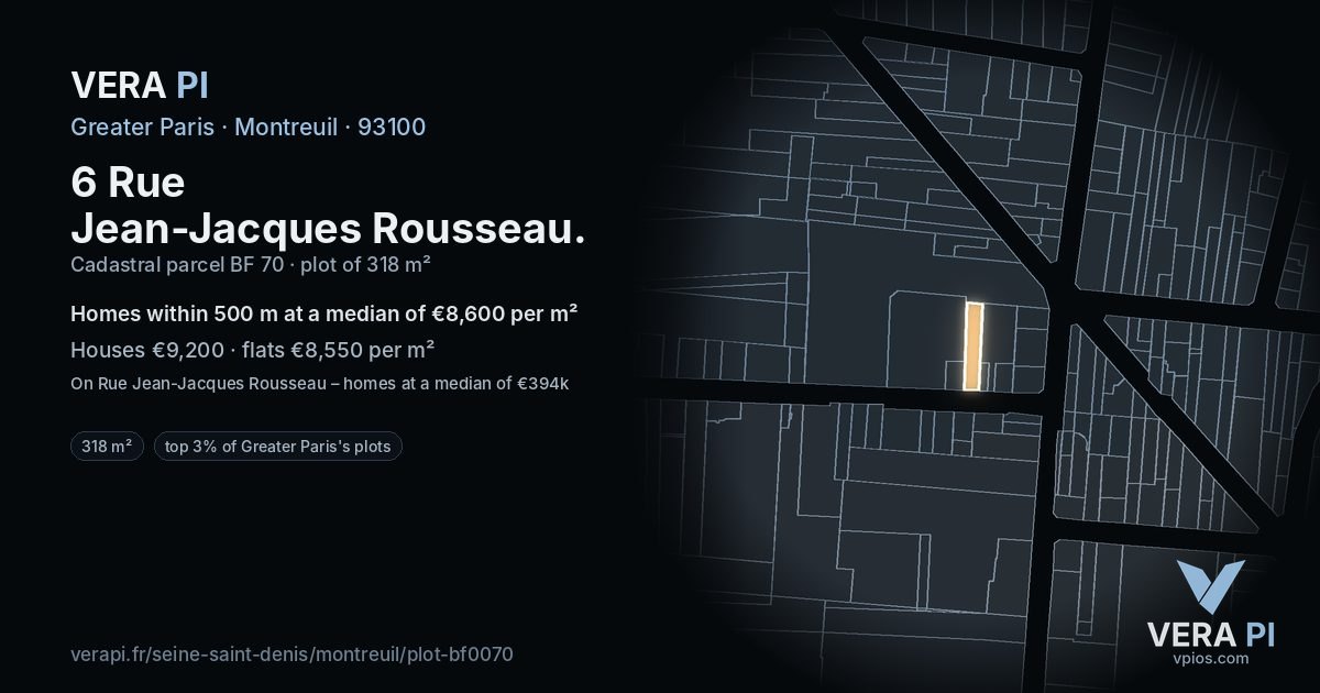 6 Rue Jean-Jacques Rousseau, Montreuil at night – the plot lit, the parcels around coloured by the prices near them