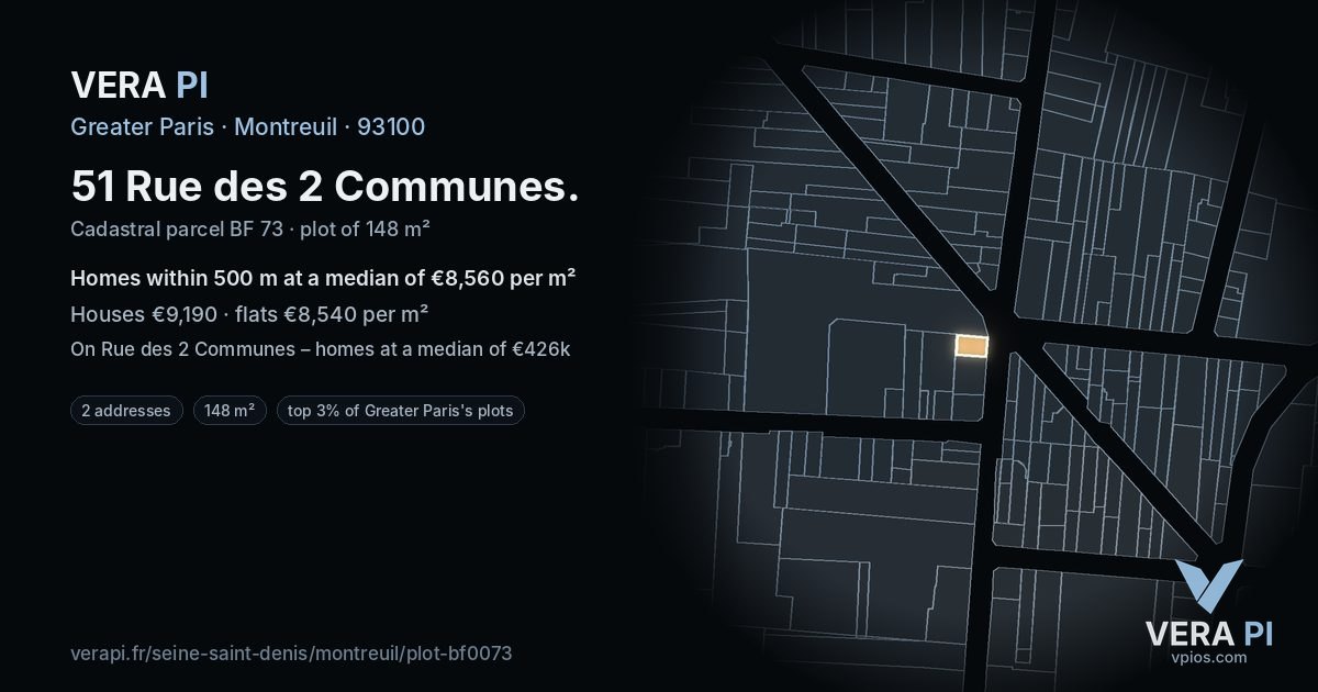 51 Rue des 2 Communes, Montreuil at night – the plot lit, the parcels around coloured by the prices near them